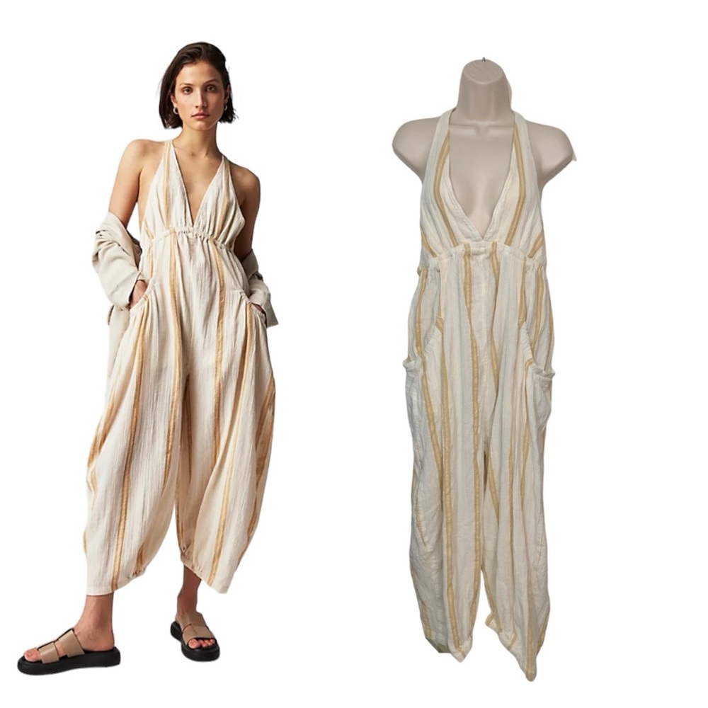 Free People Cream and Tan Striped Jumpsuit
